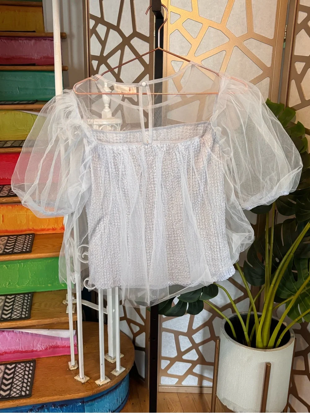 Anthropologie Sheer Tulle Puff Sleeve Smocked Top L NWT